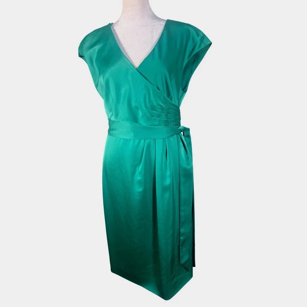 J.‎ Crew Sheath Dress Women 12P Green Excellent Satin Faux Wrap Cap Sleeve 65550